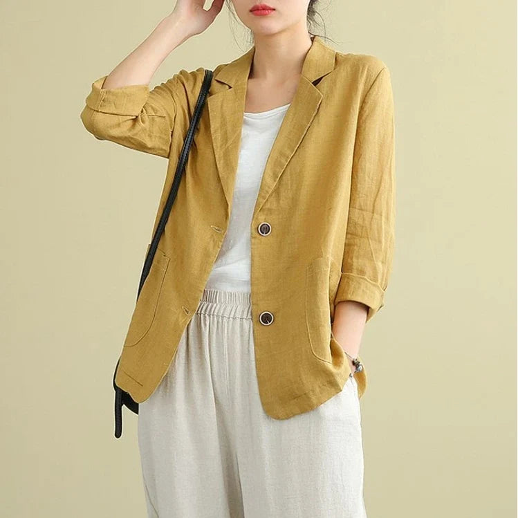 Casual Cotton Linen Short Suit Jacket Women's Spring 2025 Loose Fit Long Sleeve Artistic Large Size Casual Style Top