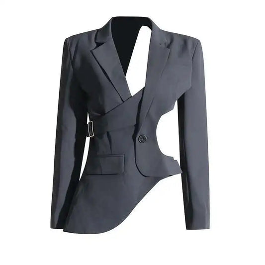 American Punk Niche Asymmetrical Design Autumn New Notched Coat Long Sleeve Side Waist Hollow Out Solid Color Blazer H2976