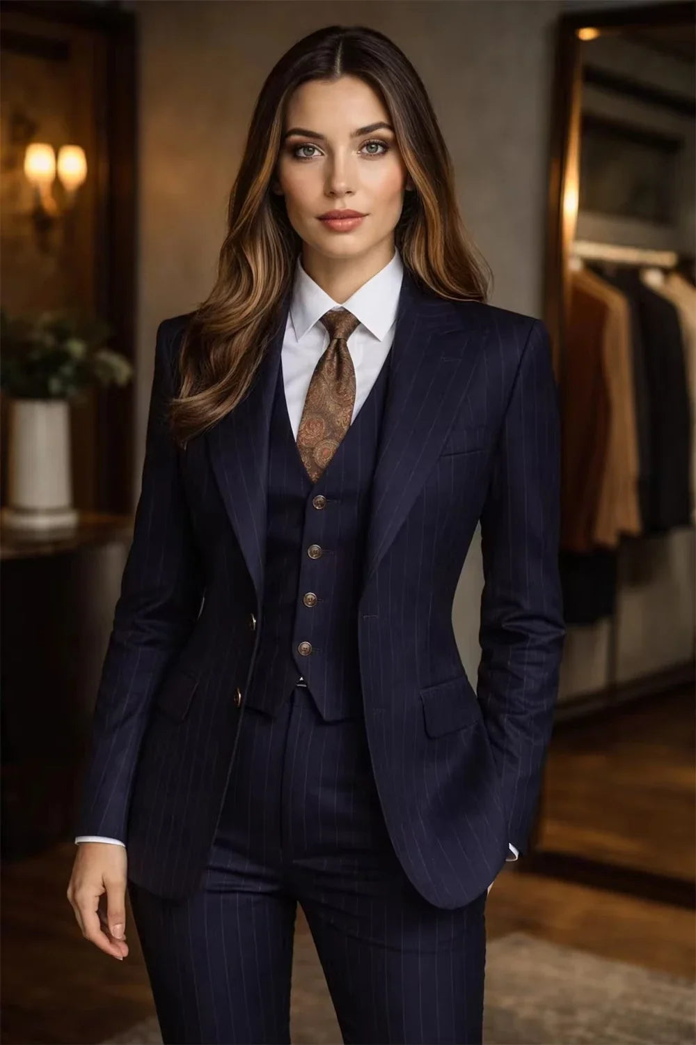Navy Blue Pinstripe Suit Women's 3 Piece Suits for Office Chic Fashion Striped Suit (Jacket+Vest+Pant) Tailor Made