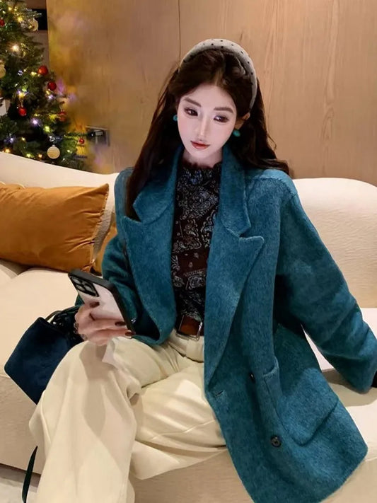 Chic Office Ladies Wool Jacket Women Double Breasted Vintage Loose Blazers Leisure Pocket Jackets Coat Lapel Collar Outerwear