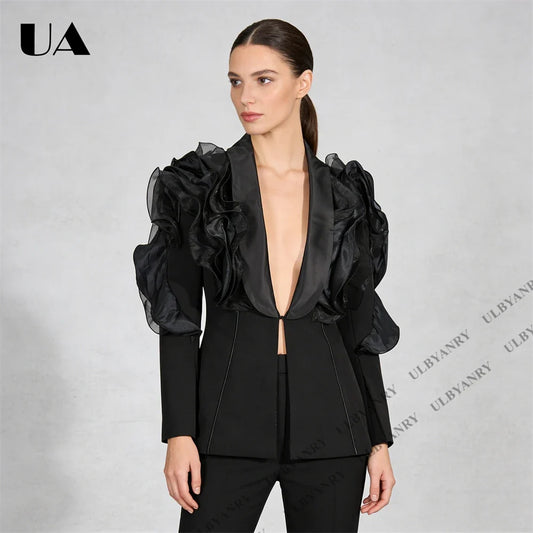 2026 Women's Black Blazer with Ruffled Organza Sleeves for Masquerade Ball Bold Avant-Garde Outfit Formal Events Suit Blazer