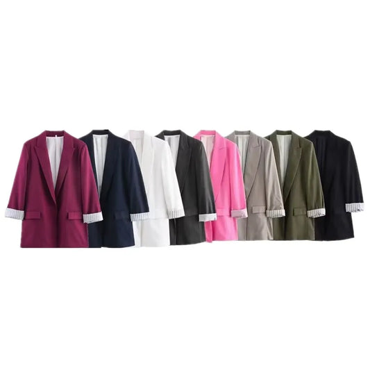 Elegant Casual Spring Summer 2024 Women's Linen Blend Roll Sleeve Suit Jacket Fashionable Versatile Ladies' Classic Style