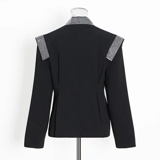 Women Blazer Dark Style Heavy Diamond Design V-Neck Pleated Fashion Patchwork Elegant Niche Punk Slim Fit Suit-Coat HK28006