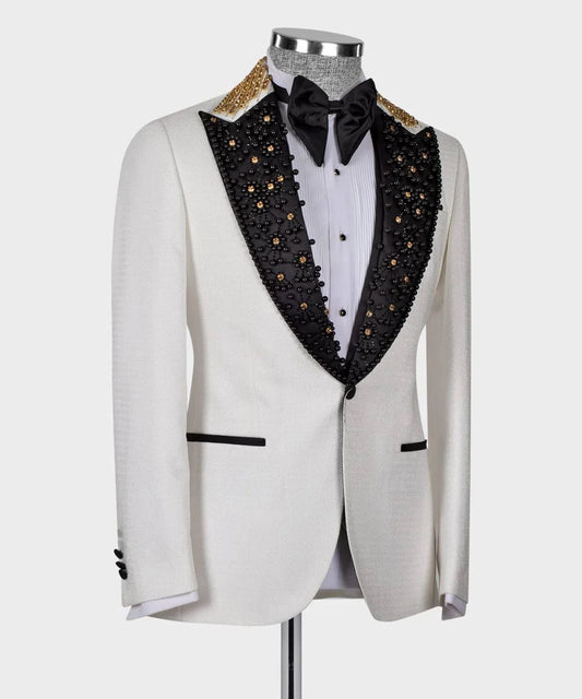 Mens Suit 2 Pieces Blazer Black Pants Peaked Lapel One Button Tuxedo Beaded Diamonds Wedding Groom Formal Tailored Costume Homme