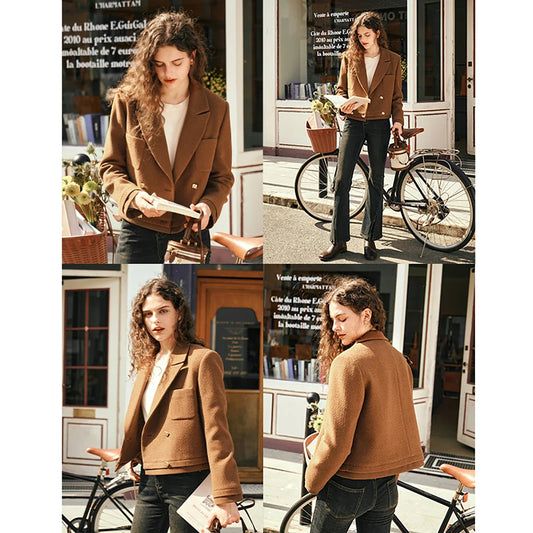 Women 2026 New Autumn Caramel Brown Woolen Jacket Lapel Collar Cropped Short Fit Vintage Elegant Casual Coat G23DW86016