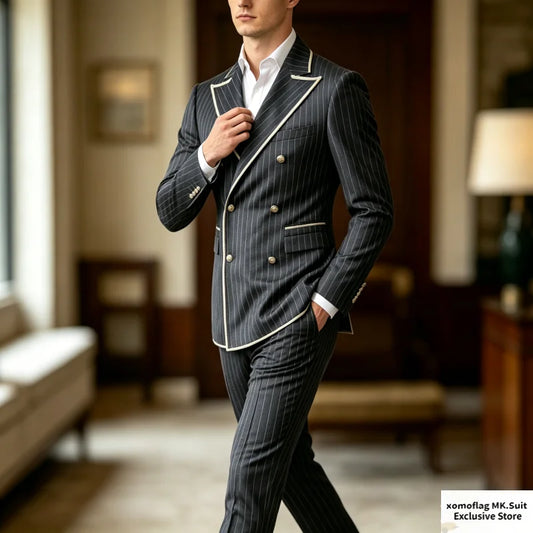 Men's Striped Double Breasted Suit – Slim Fit 2-Piece Set for Weddings & Business