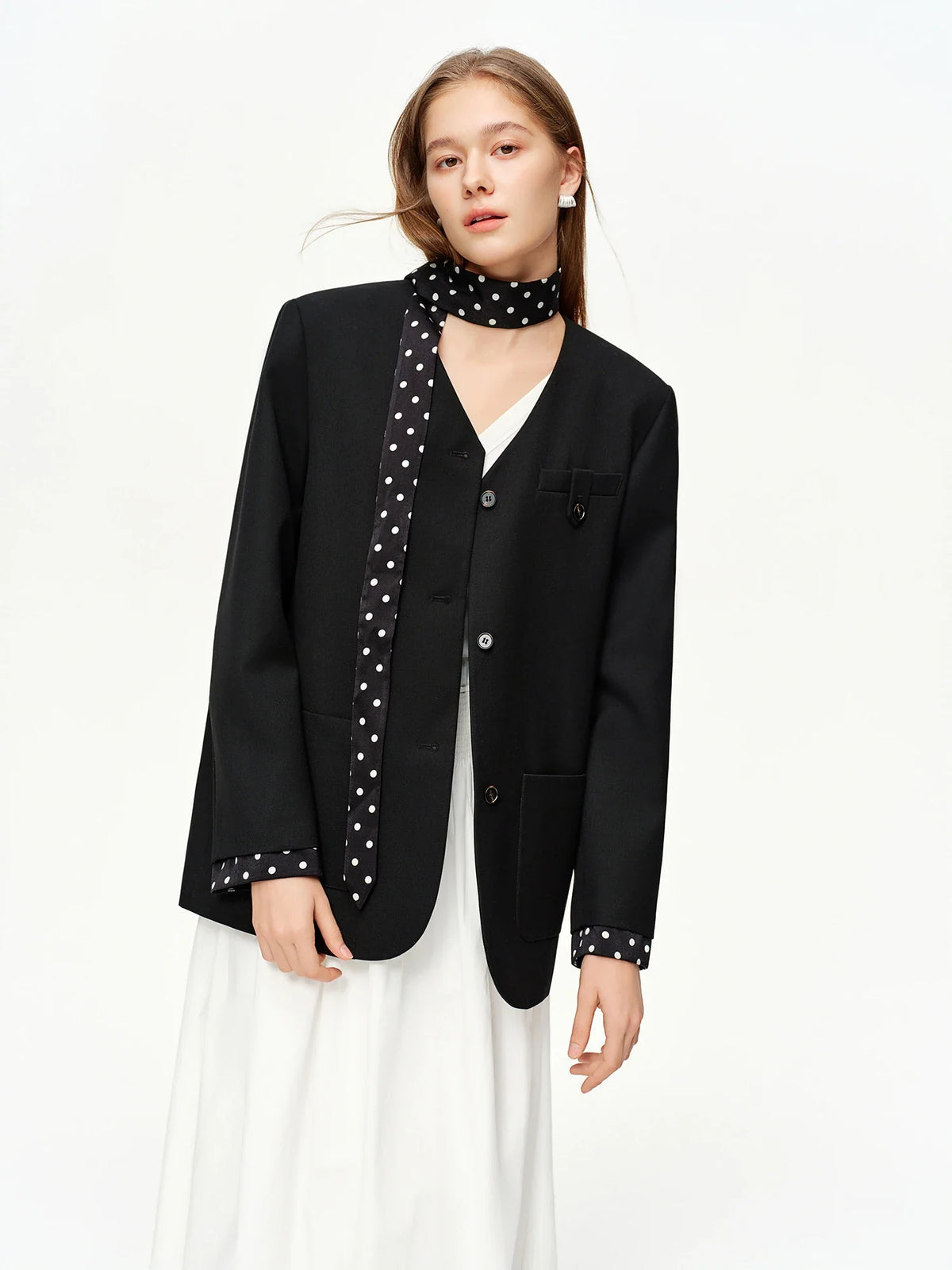 2025 Women's Black Polka Dot Blazer Spring New V-Neck Ribbon Bow Tie Long Sleeve Slim Jacket Retro Office Chic Outerwear