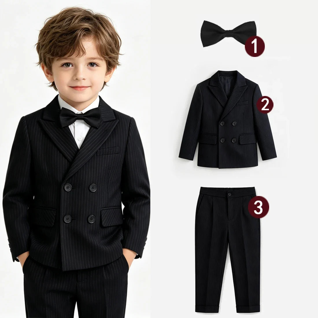 Boys Stripe Wedding Suit Set Kids Gentleman Costume Blazer Vest Pants Bow Tie Outfit for Banquet Christening Formal Party