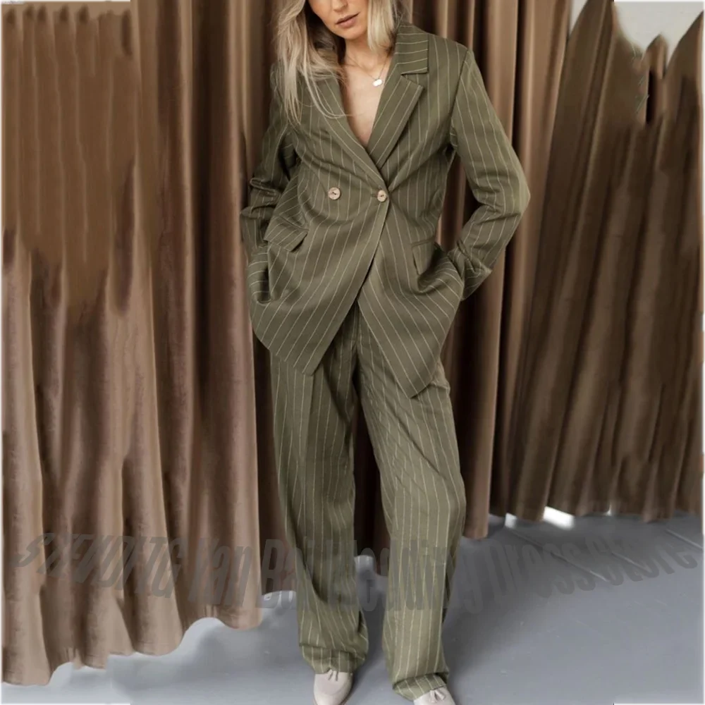 Double Breasted Women's Two Piece Suit Loose Casual Wide Leg Pants Office Commuter Fashion Street Style Daily Blazer Set