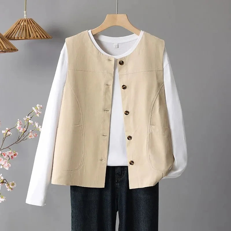Spring Femme Fashion Vest Outwear Retro Ladies Solid Color Casual Sleeveless Jacket Autumn Women Round Neck Loose Waistcoat Coat