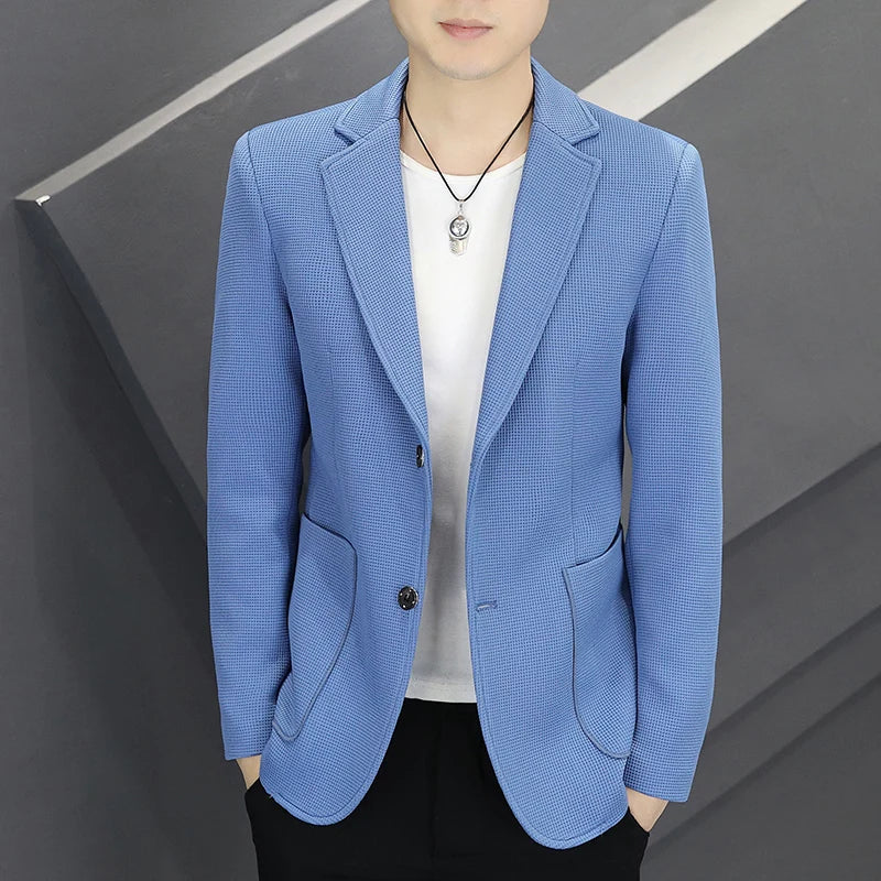 Men's Casual Blazer Two-Button Waffle Pattern for Spring Autumn