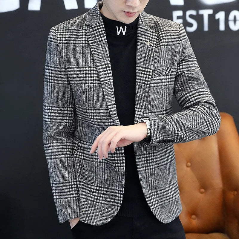 Men's Plaid Blazer Smart Casual Single Breasted Khaki Gray Autumn Office Jacket