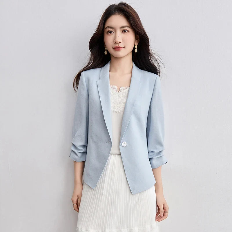 Blazer For Women's Commuter Flat Collar, One Button-down Shoulder Pads, Seven-quarter Sleeves Short Jacket 152XC1936