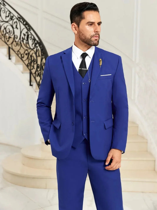 New Blue Men's Slim Fit Suits 3 Pieces Business Outfit Notched Lapel Formal Man Tuxedo Banquet Party Wear Plus Size Suit Set