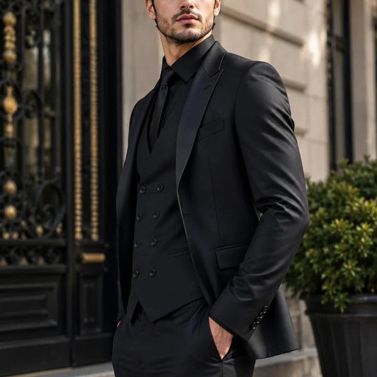 Men Suit Black 3 Piece With Bright Black Lapel Solid For Wedding Groom Birthday Banquet Party Business Work Jacket Vest Pants