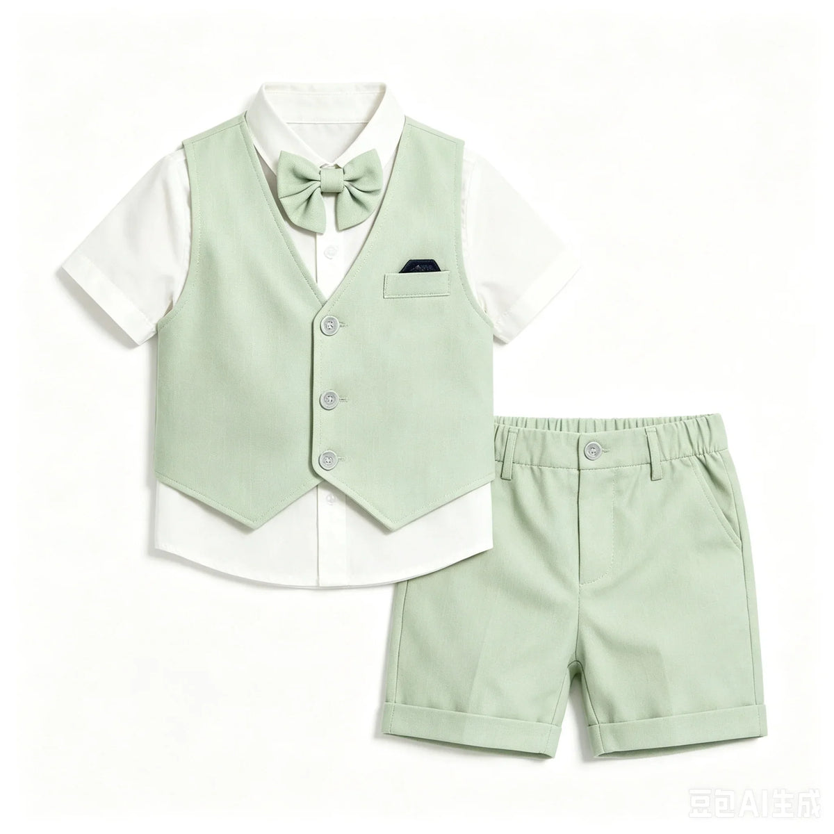 Baby Boys Sage Green Vest Short Sleeve Shirt Bow Tie Shorts 4pcs Clothes Set Kids Wedding Birthday Gentleman Formal Suit Set