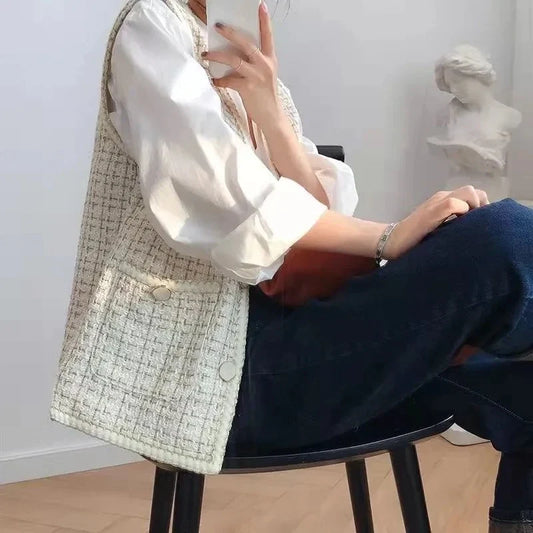 Autumn Female V-neck Mingyuan Xiaoxiangfeng Sleeveless Vest Coat Women Korean Contrast Colored Tweed Sleeveless Cardigan Vest