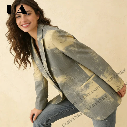 Tie Dye Ombre Blazer Jacket, Loose Fit Single Breasted Suit Coat for Women Streetwear Artistic Casual Office Look