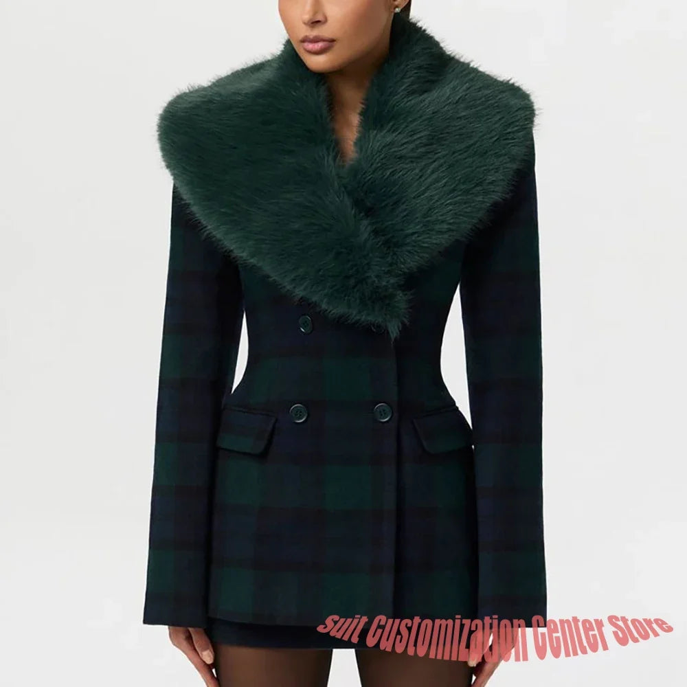 Dark Green Plaid Double-Breasted Blazer Women's Faux Fur Two Piece(Jacket+Pants) Stylish Evening Party Cocktail Event Outerwears