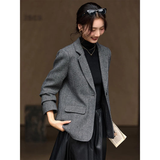 women's Blazer 2026 Winter Wool Blend Lapel Collar Waist Cinching Slimming New Jackets Elegant Thick Women's Coat A2869