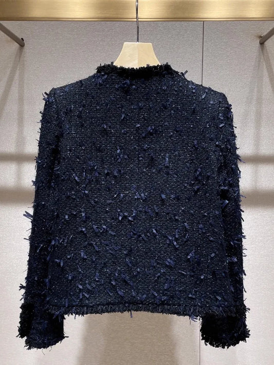 Elegant Women Autumn O Neck Diamonds Single Breasted Tweed Jacket Office Ladies Work Vintage Tassels Coat Party Outerwear Tops
