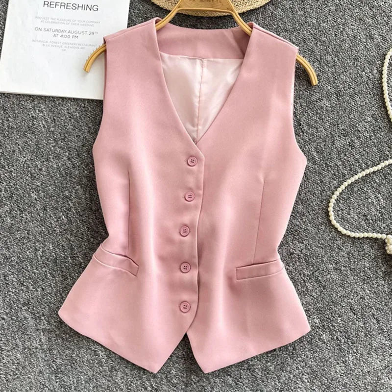 Summer Women V-neck Suit Sleeveless Jacket Femme Casual Short Waistcoat Top Korean Ladies Fashion Solid Color Cardigan Vest Coat