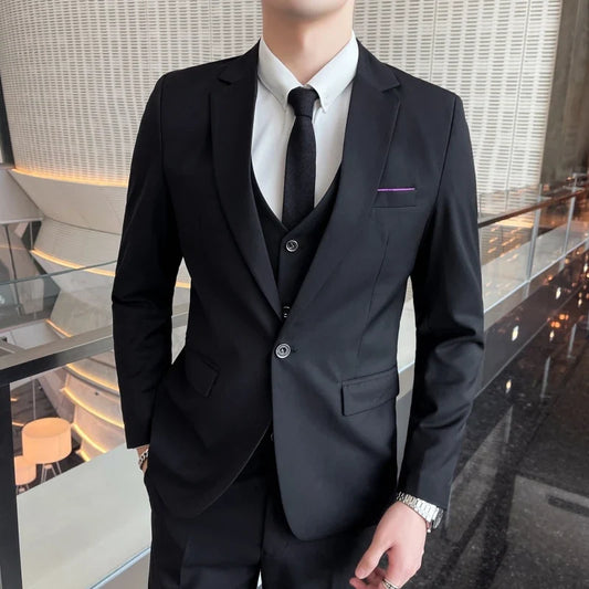 Men's Three-Piece Suit Set – Slim Fit Single Breasted Smart Casual Wedding & Business Suit with Vest and Trousers