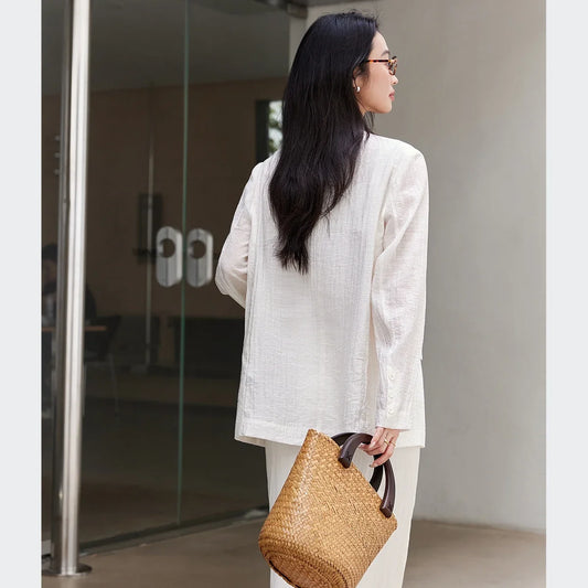 French Blazer for Woman 2026 Autumn Casual V-neck Women's Elegant Jacket Loose Tailored Ladies Coats Female Clothing A0511