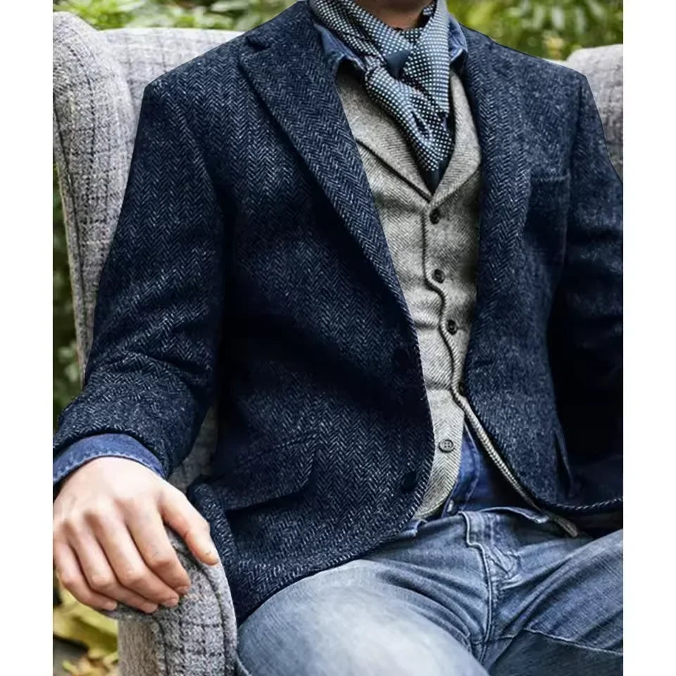 Mens Blazer Herringbone Single Breasted Casual Jacket Fashion Comfort Business Suit Slim Fit Tapered Waist Elegant Mens Jacket