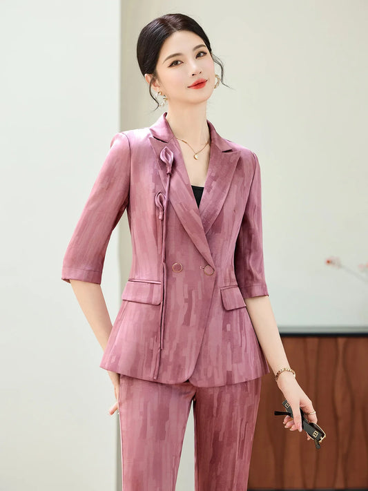 Spring Ladies Pant Suit Women Pink Wine Red Female Business Work Wear Half Sleeve Jacket and Trouser Formal 2 Piece Set Blazer