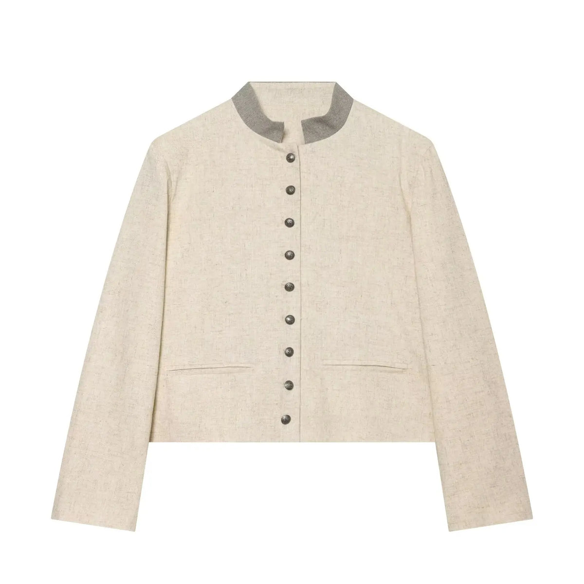 Stylish Commuting Style Pant Sets for Women Mandarin Collar & Long Sleeve Pleated Blazer Matching Topstitched Straight Leg Pants