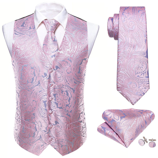 Men's Jacquard Waistcoat 4-Piece Set with Necktie Pocket Square and Cufflinks for Wedding and Formal Occasions