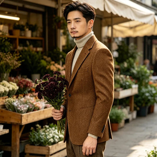 2027 Men Herringbone Tweed Blazer Notched Lapel 2 Button Suit Jacket Business Casual Smart Formal Wedding Party Autumn Winter