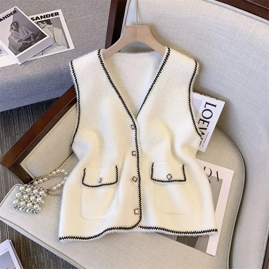 2025 NEW Spring Autumn Thin Vest Jacket For Women Fashion V-Neck Sleeveless Waistcoat Lady Slim Button Mink Fleece Top Wool Coat