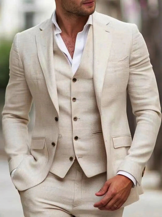 Costume d'été en lin bleu/beige pour homme, coupe ajustée, revers cranté, blazer deux boutons, gilet, pantalon, smoking de marié, bal quotidien, dîner, ensemble 3 pièces