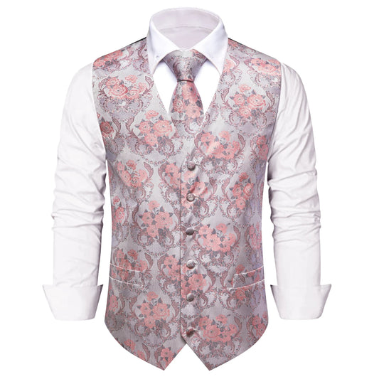 Men's Floral V-Neck Waistcoat 4-Piece Set – Formal Vest with Necktie, Pocket Square & Cufflinks for Banquets & Parties