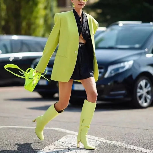 Women Jacket Fluorescence Green Summer Chic Long Sleeves One Button Solid Basic Blazer Fashion Casual Daily Jacket 1 Piece