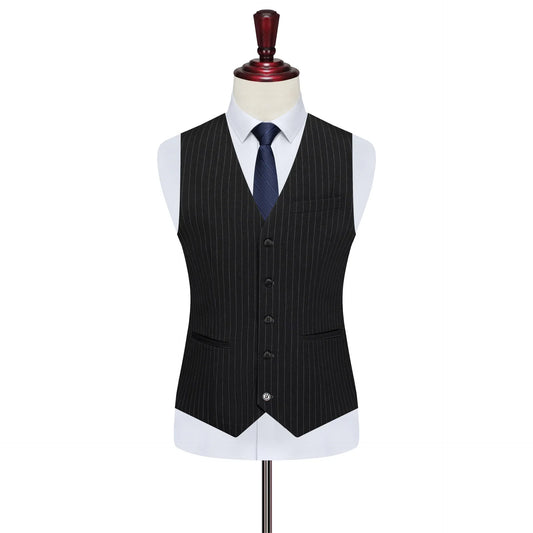 Plus Size Men Suit Set Black Striped 2‑Piece Elastic Loose Fit Double Breasted Formal Suit Set For Wedding Banquet Business Wear