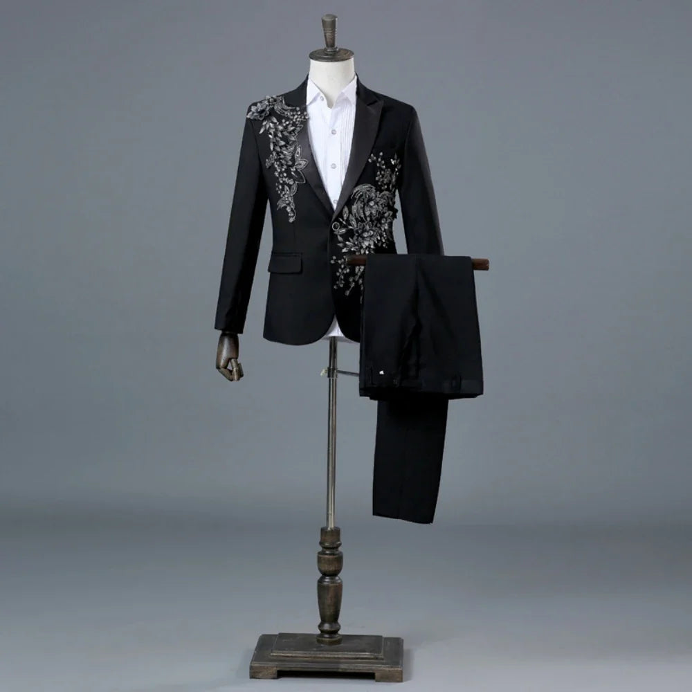 Exquisite Embroidery Beaded Suit Set 2 Pieces Dancing Wear Notched Lapel Handsome Men's Slim Fit Suits Wedding Party Tuxedo