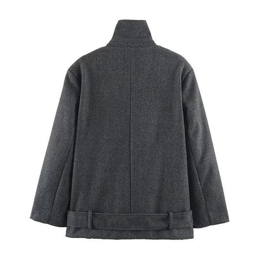 Women Blazer Coat Elegant Chic Dark Style Design Double Breasted Sashes Patchwork Solid Color Loose Woolen Overcoat HK27262