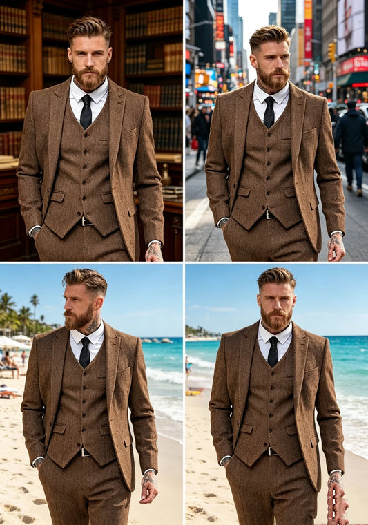 Brown Tweed Herringbone 3 Pieces Herringbone Men's Business Suits Single Breasted Slim Fit Groom Formal Suits(Blazer+vest+Pants)
