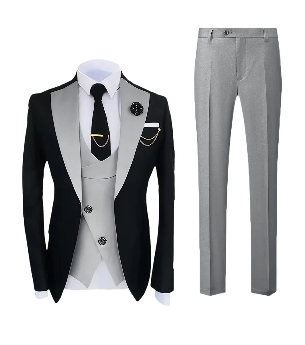 Mens Pant Suit Classic Contrast Flat Collar Blazer Jacket Slant-breasted Vest Trousers 3 Piece Set for Wedding Groom Groomsmen