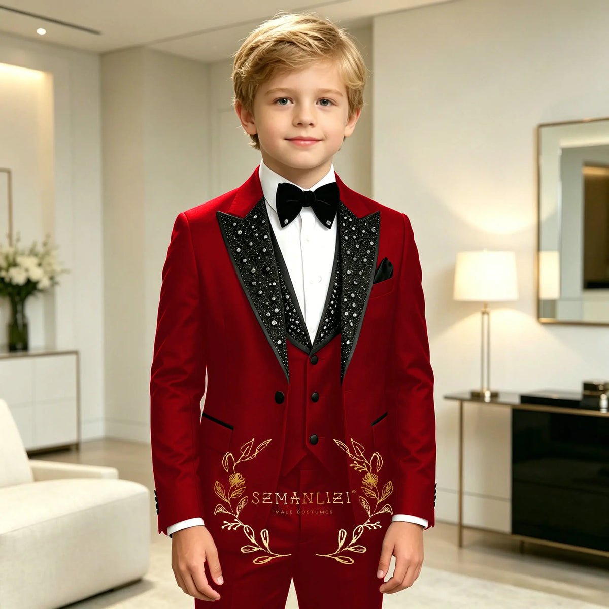 Classic Suits for Boys Black Crystals 3-Piece Fashion Stylish Boy's Tuxedo Formal For Party Outfit For Kids Blazer Vest Pant