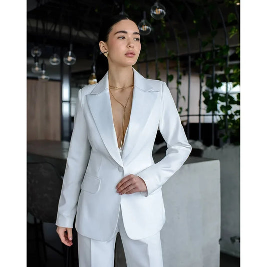 Elegant White Women Suits 2 Piece Chic Peak Lapel Single Button Wear Formal Casual Daily Office Lady Pants Sets (Blazer+Pants)
