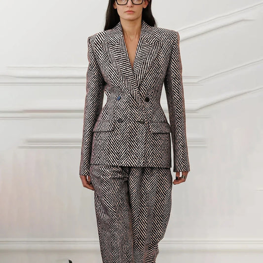 Women's Black & White Herringbone Clothes Double-breasted Two Piece(Jacket+Pants) Suit Set Luxe Fashion Casual Office Outerwears