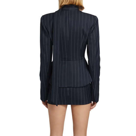 Chic Charming Navy Pinstripe V-neck Women's Jacket Modern Wedding Party 2 Piece Mini Dress Suit Formal Outfit with Neck Tie