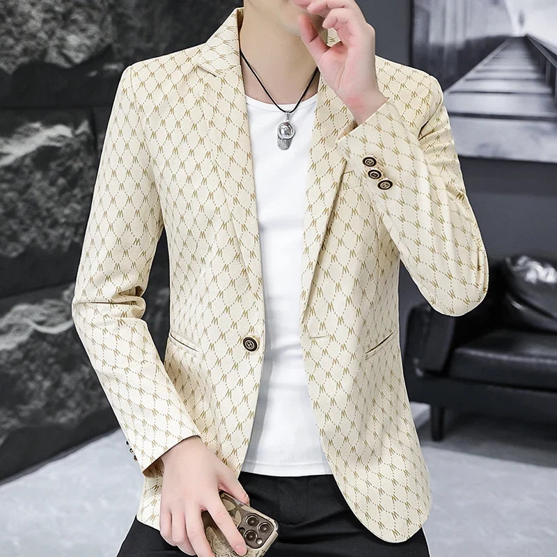 Korean Letter Print Men Blazers Brand 2024 Spring Casual Business Suit Jackets Slim Fit Street Wear Social Jacket Men Clothing