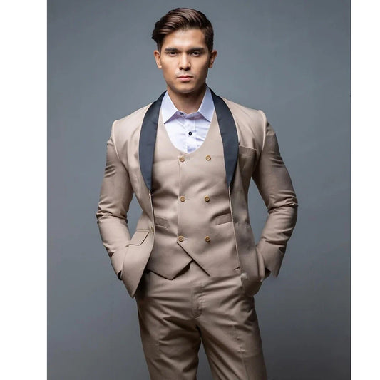 Men Suit Black Shawl Lapel Jacket Pants Vest Three Piece Single Breasted Wedding Champagne Fashion Business Slim Fit Spring
