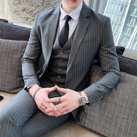 Men's 3-Piece Slim Fit Formal Suit – Striped Business & Wedding Tuxedo