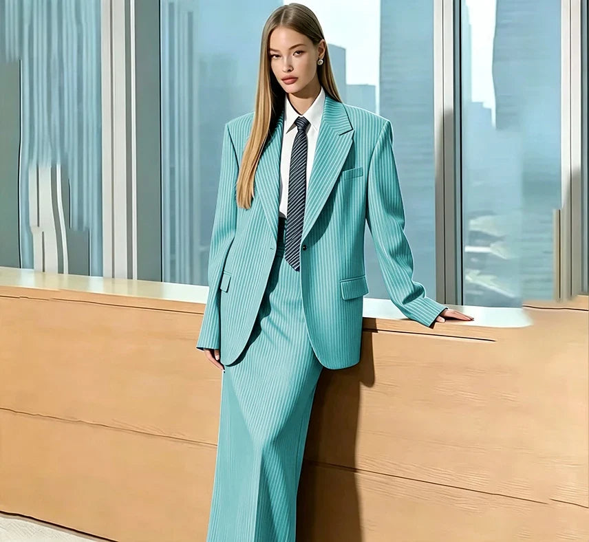 Stylish Gray Pinstripe Woman Clothing Single Breasted 2 Pieces Jacket Maxi Skirt Suit Set Formal Business Office Lady Wear